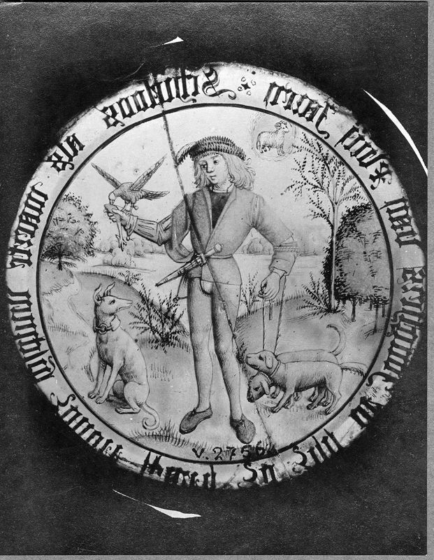 Chasseur avec faucon et chiens (allégorie de la jeunesse chassant, insouciante, au mois de mars)