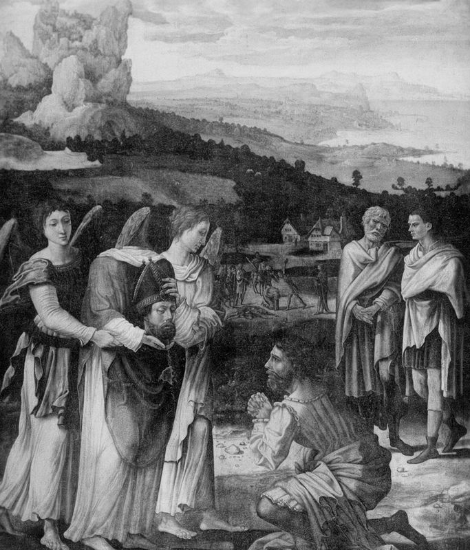 Panneau du retable de l'église de Saint-Denis à Liège. Face : Saint Denis l'Aréopagite rencontre saint Paul. Revers : Le miracle de la céphalophorie
