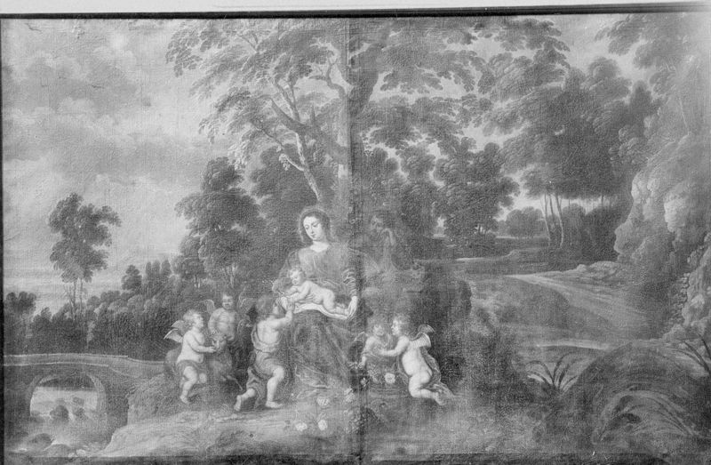 H.Familie met kleine Johannes en engeltjes in een landschap