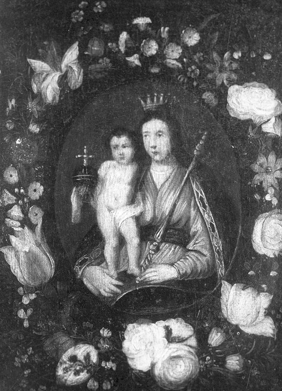 Madonna moringd van bloemen