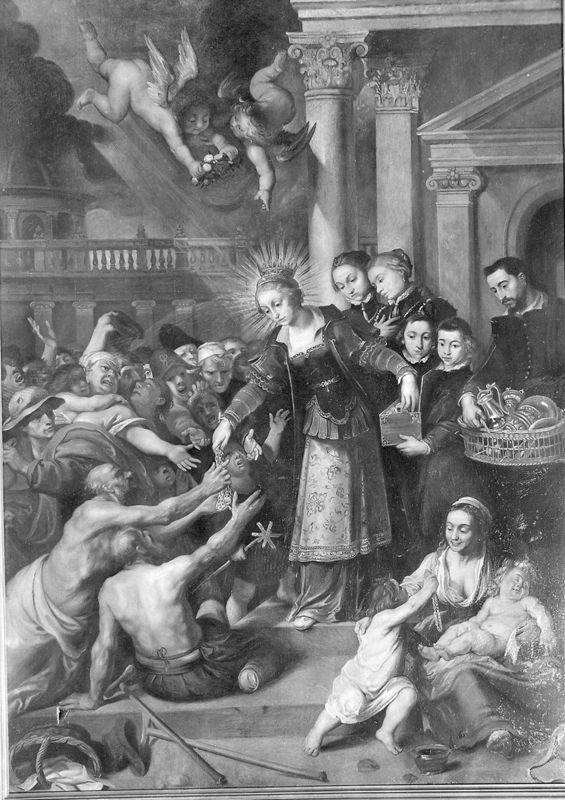De heilige Elisabeth van Hongarije deelt haar schatten uit