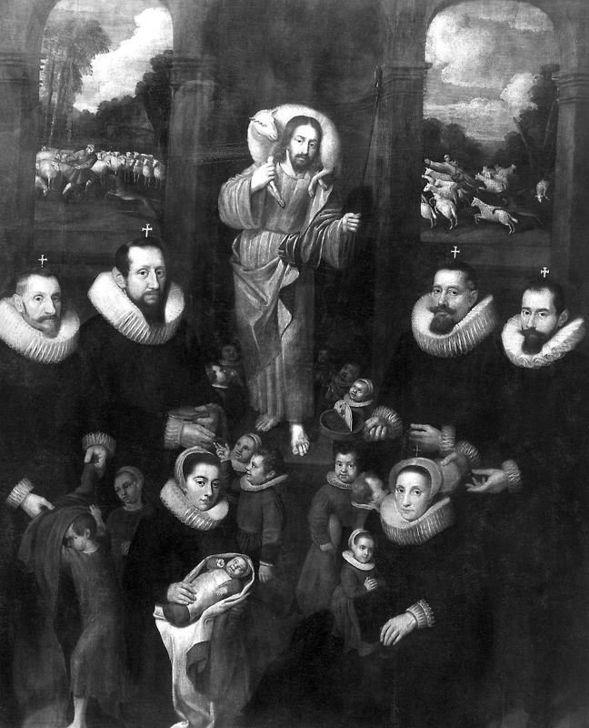De vier meesters van de Overcharitaet en twee dames ontfermen zich over kleine kinderen in tegenwoordigheid van Christus de Goede Herder