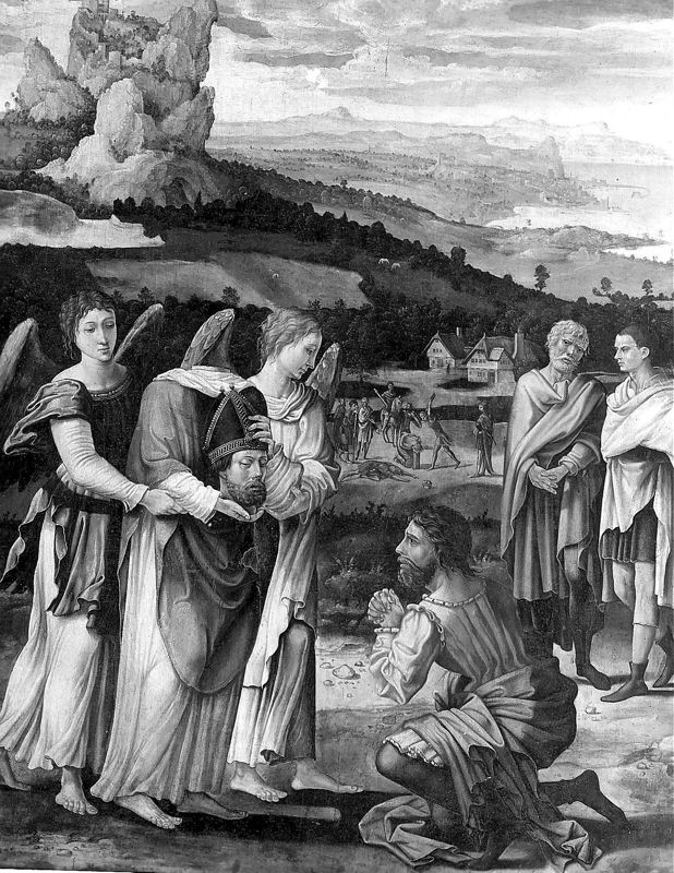 Panneau du retable de l'église de Saint-Denis à Liège. Face : Saint Denis l'Aréopagite rencontre saint Paul. Revers : Le miracle de la céphalophorie