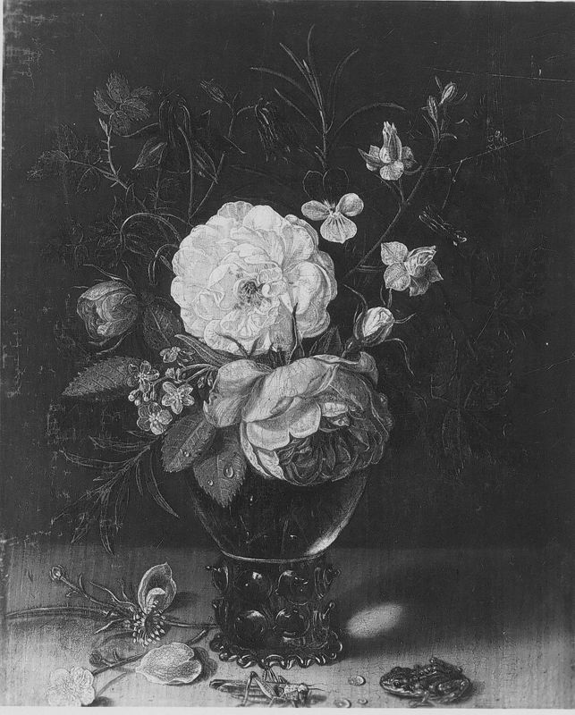 Bloemen in een vaasje met sprinkhaan en kikvors