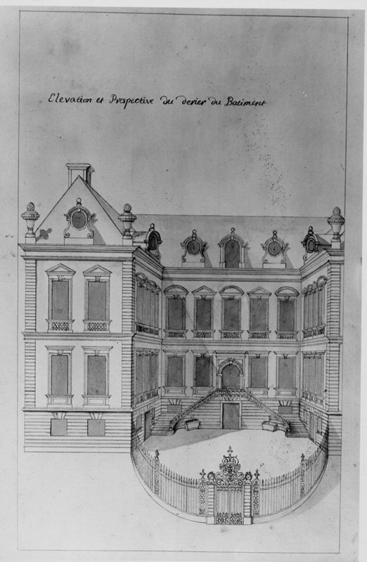 Relevé d'architecte de l'hôtel de ville de Liège : vue en perspective de la façade postérieure (Sud), ailes Ouest et Centrale.