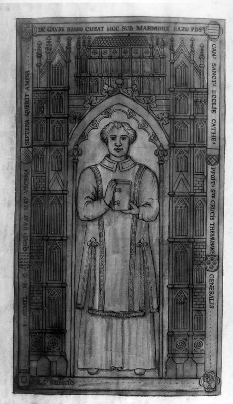 Atlas du Héraut d'armes Lefort : pierre tombale de Raes de Gavre, chanoine de Saint-Lambert