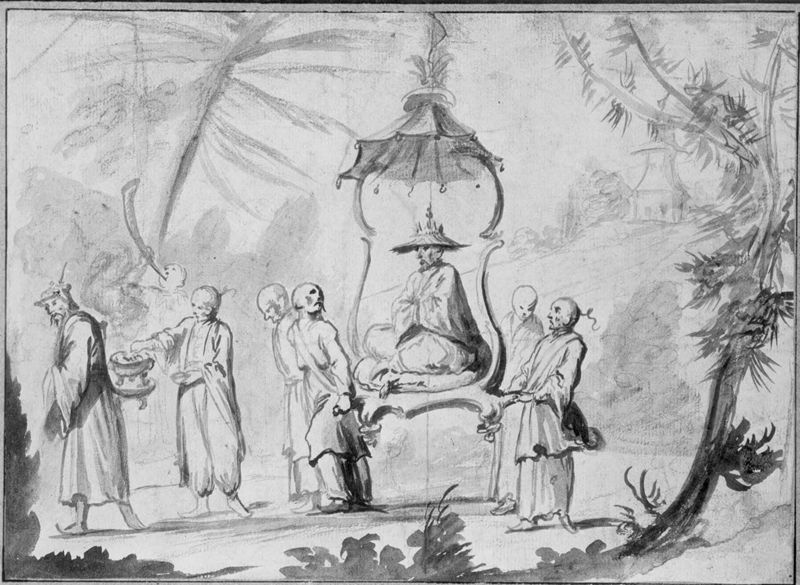 Scène chinoise : Mandarin assis dans un palanquin porté par quatre hommes