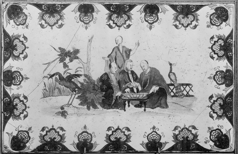 Plaque rectangulaire avec scène et personnages chinois