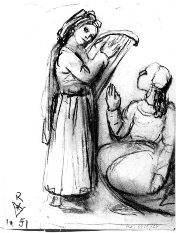 Etude de terre cuite : deux femmes dont une harpiste