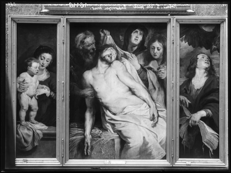 Epitaafdrieluik met 'Christus op het stro' voor het echtpaar Jan Michielsen en Maria Maes