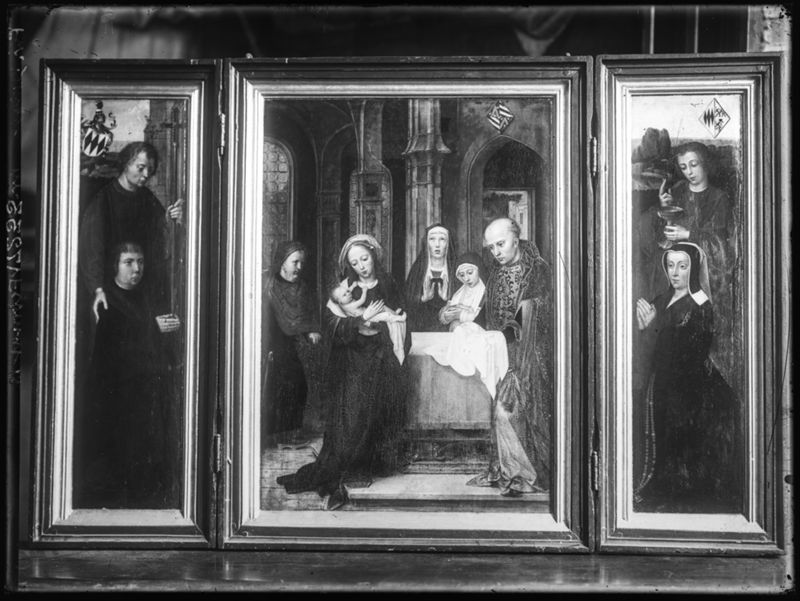 Opdracht in de Tempel, met schenkers op de luiken, en portret van Filips Wielant en Johanna van Halewijne met H. Filippus en H. Johannes