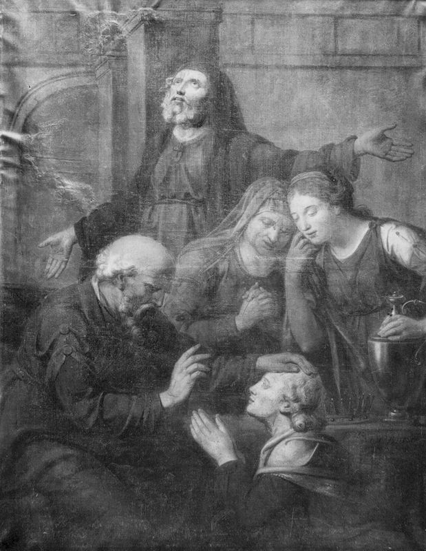 David zegent zijn zoon Salomon in aanwezigheid van profeet Nathan, Bethseba en Abisag