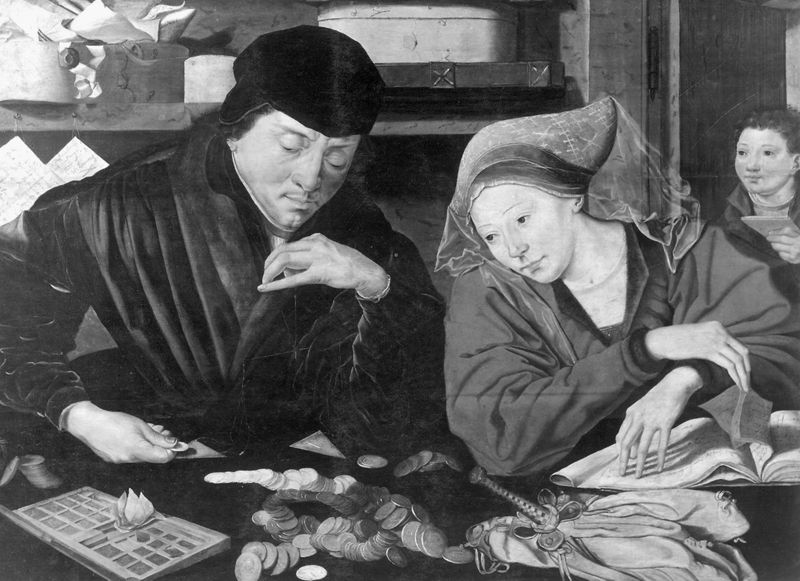Geldwisselaar met zijn vrouw