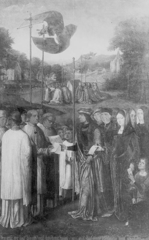 De genezen heer van Steenokkerzeel doet schenking aan Sint-Romboutskapitel
Legende H. Rumoldus (paneel 22)