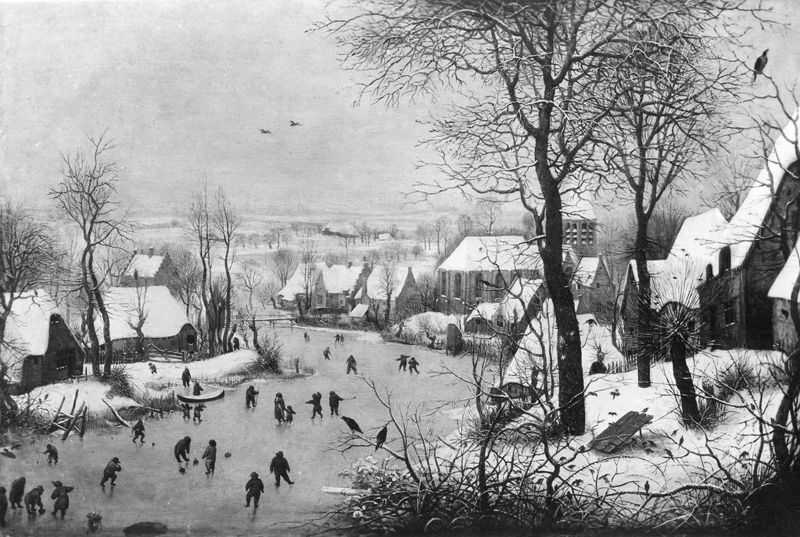 Winterlandschap met schaatsers en vogelknip
