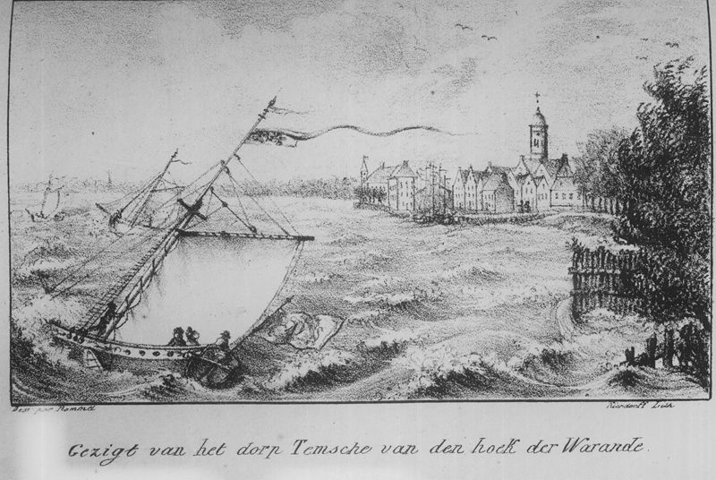 Gezigt van het dorp Temsche van den hoek der Warande