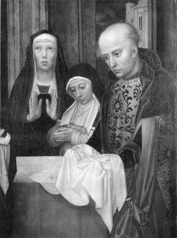 Opdracht in de Tempel, met schenkers op de luiken, en portret van Filips Wielant en Johanna van Halewijne met H. Filippus en H. Johannes