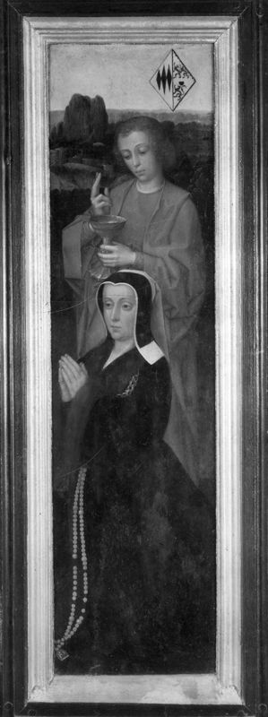 Opdracht in de Tempel, met schenkers op de luiken, en portret van Filips Wielant en Johanna van Halewijne met H. Filippus en H. Johannes