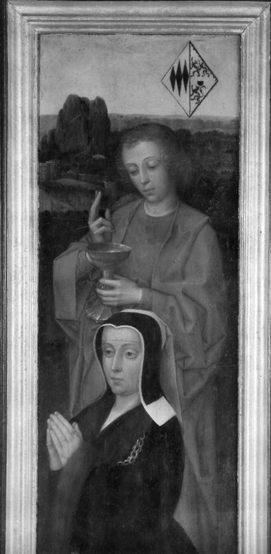 Opdracht in de Tempel, met schenkers op de luiken, en portret van Filips Wielant en Johanna van Halewijne met H. Filippus en H. Johannes