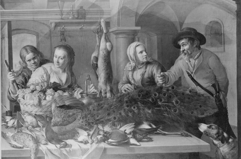 Groot jachtstilleven met vier figuren