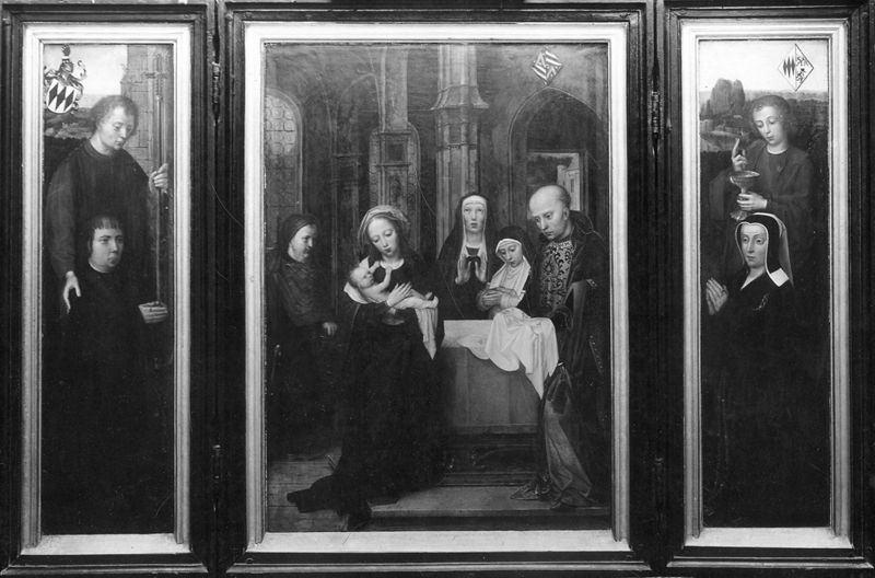 Opdracht in de Tempel, met schenkers op de luiken, en portret van Filips Wielant en Johanna van Halewijne met H. Filippus en H. Johannes