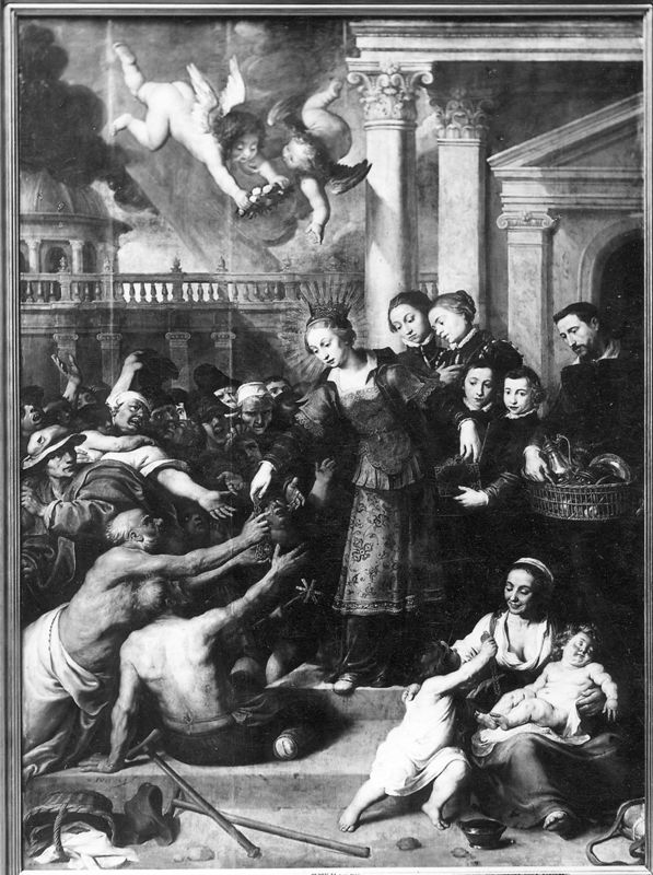 De heilige Elisabeth van Hongarije deelt haar schatten uit
