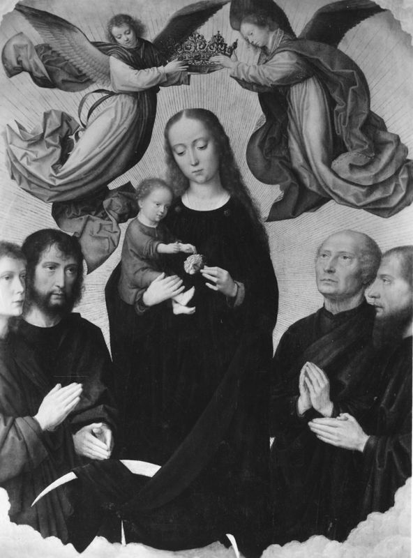 Vierge et Enfant couronnée par deux anges, aves les évangélistes