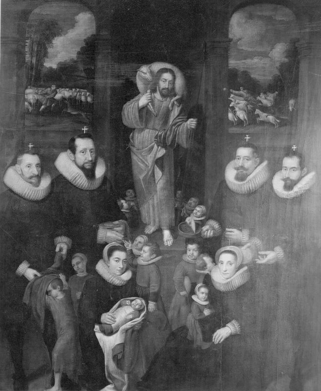 De vier meesters van de Overcharitaet en twee dames ontfermen zich over kleine kinderen in tegenwoordigheid van Christus de Goede Herder