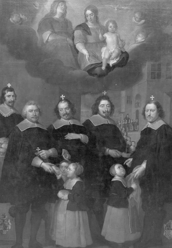 De meesters van de Brusselse Overcharitaet delen kleding en brood uit aan behoeftige meisjes