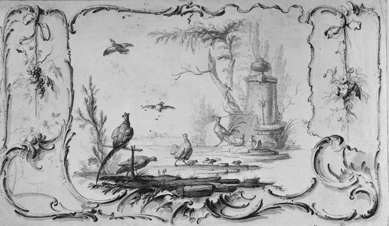 Fazanten en kuikens in cartouche-omlijsting