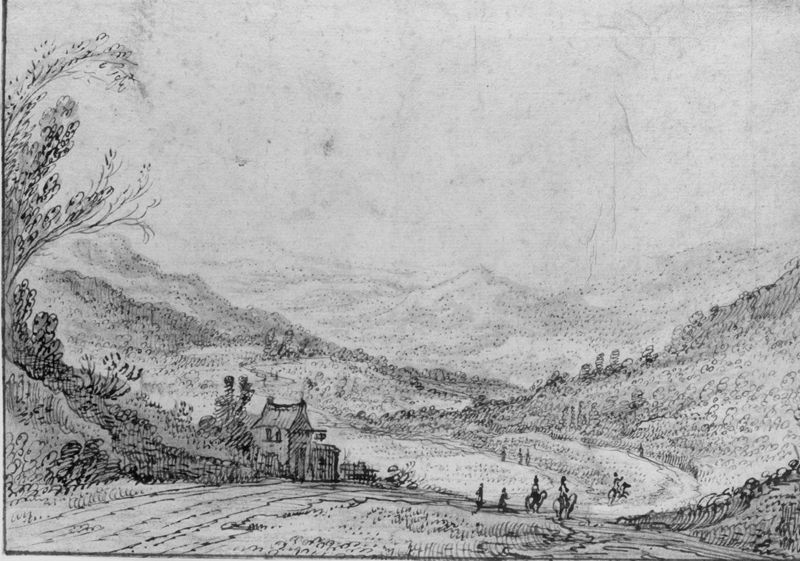 Berglandschap in de omgeving van Ferrara gestoffeerd met kleine figuren