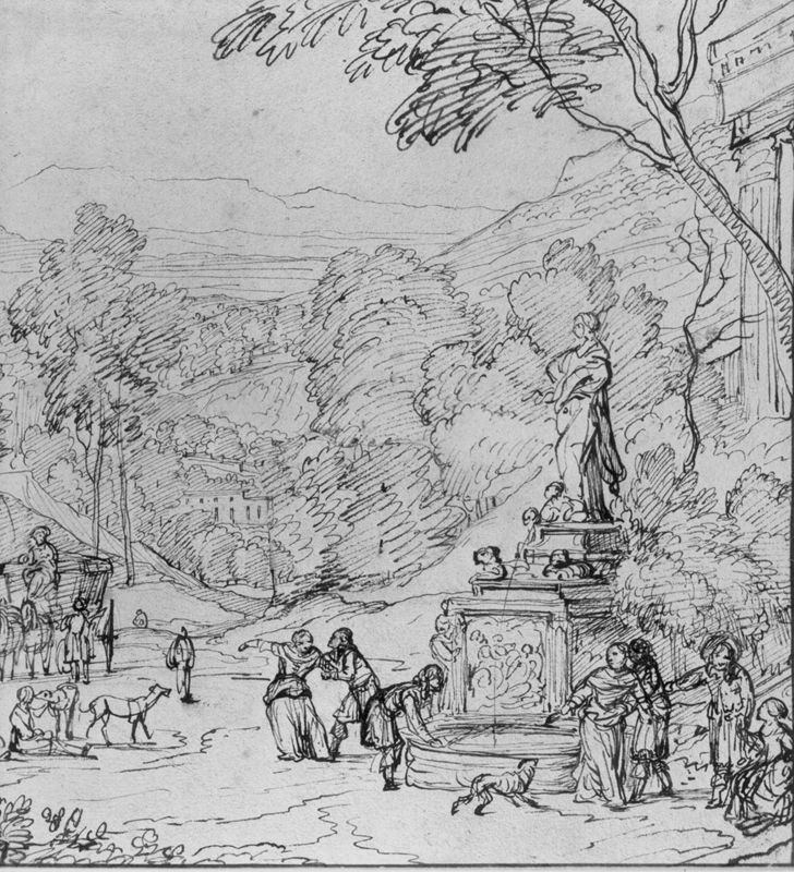 Berglandschap met tempel en fontein