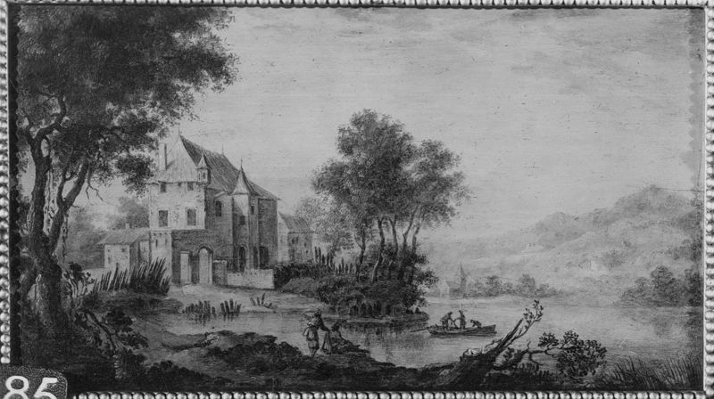 Landschap met kasteelhoeve aan de waterkant