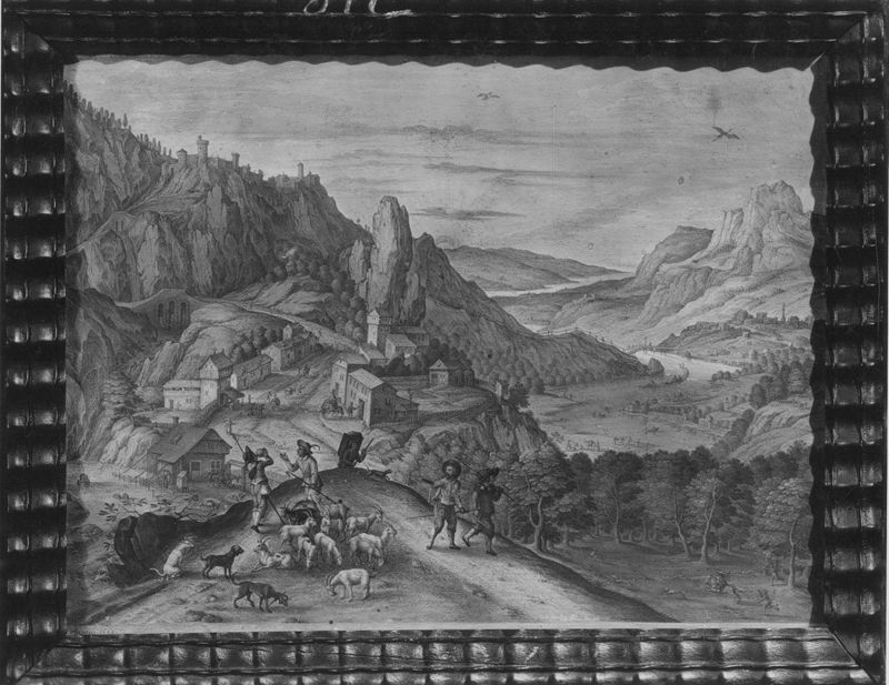 Berglandschap bij valavond met rivierdal en figuren