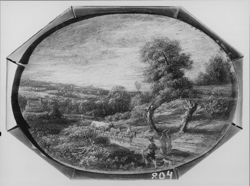 Zachtheuvelend landschap bij valavond, met figuren