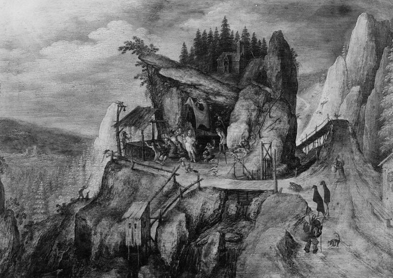 Fantastisch rotslandschap met Verzoeking van H. Antonius Abt