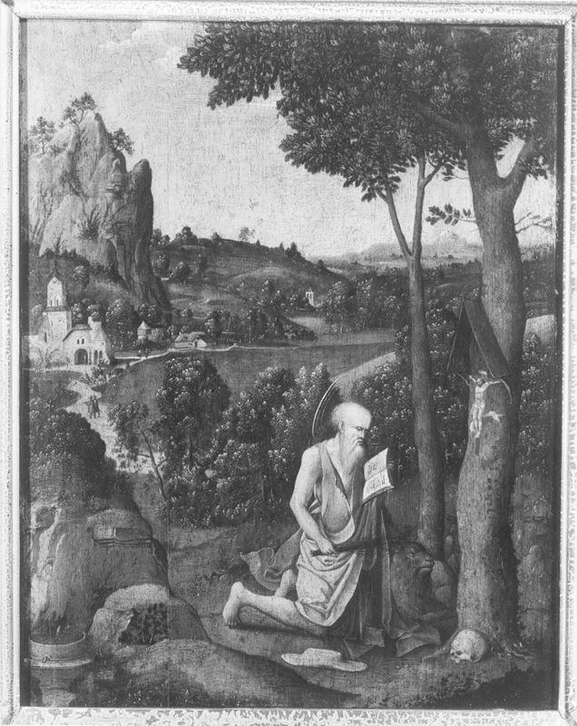 Heuvelachtig landschap met H. Hieronymus, lezende en boete doende