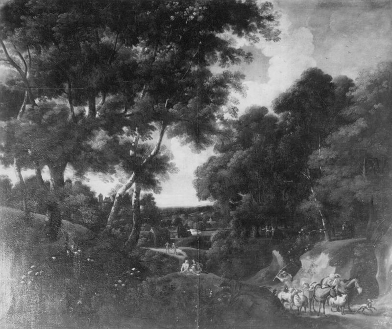 Boslandschap met veekoopman