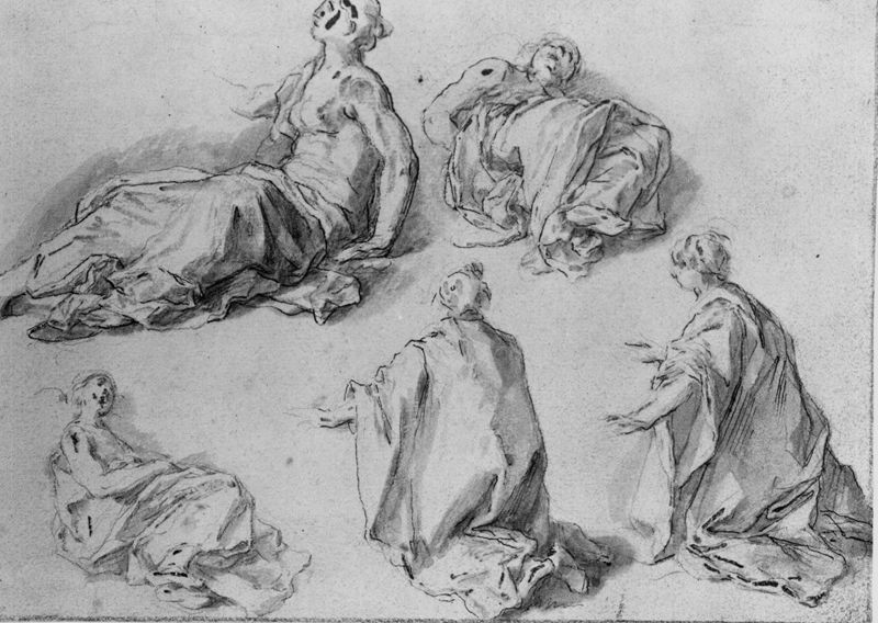 Figuurstudie: liggende en geknielde vrouwen