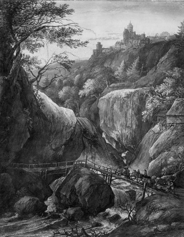 Rotslandschap met waterval en loopbrug