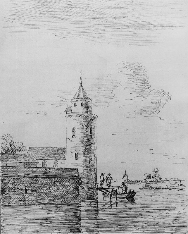 Gebouw met hoge ronde toren aan de waterkant