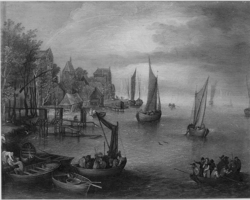Het Vlaanderse veer op de Schelde tegenover Antwerpen