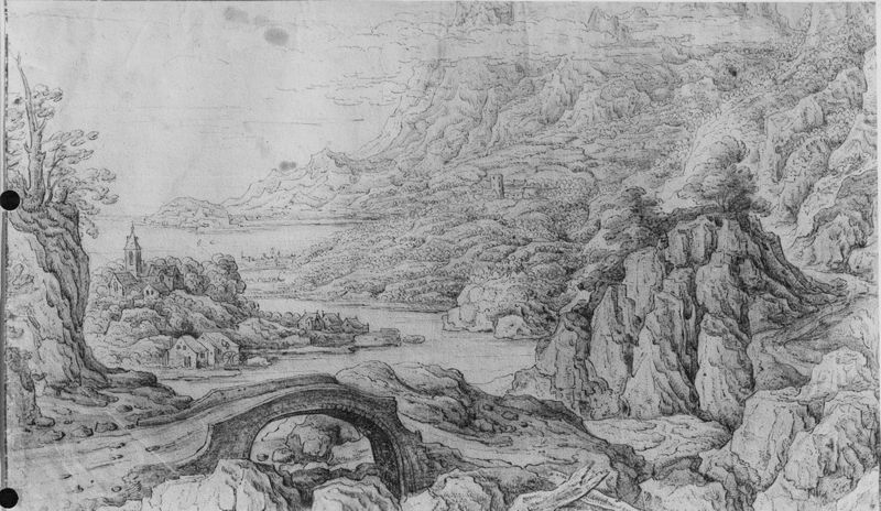 Rivier- en berglandschap met brug