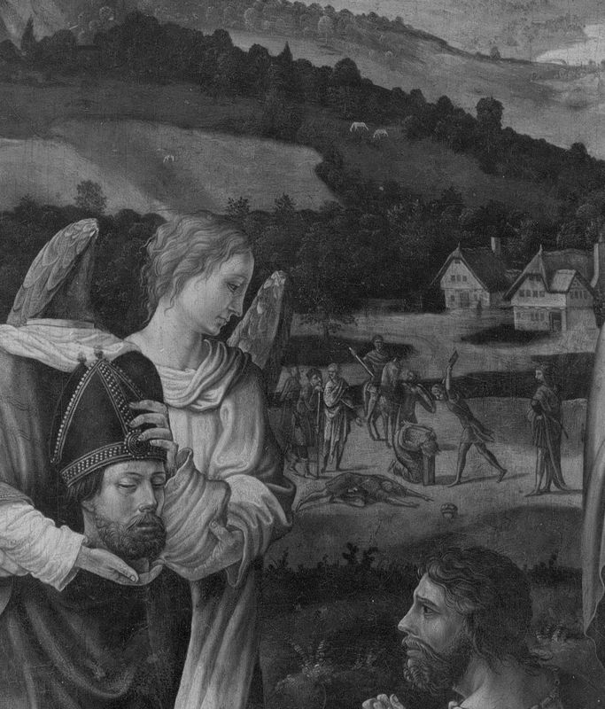 Panneau du retable de l'église de Saint-Denis à Liège. Face : Saint Denis l'Aréopagite rencontre saint Paul. Revers : Le miracle de la céphalophorie