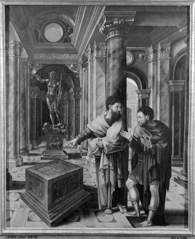 Panneau du retable de l'église de Saint-Denis à Liège. Face : Saint Denis l'Aréopagite rencontre saint Paul. Revers : Le miracle de la céphalophorie