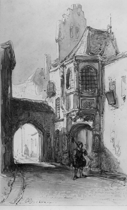 Hellebaardier in een straat
