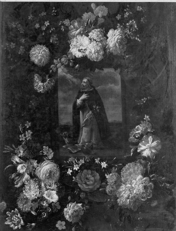 Saint Dominique de Guzman entouré d'une guirlande de fleurs