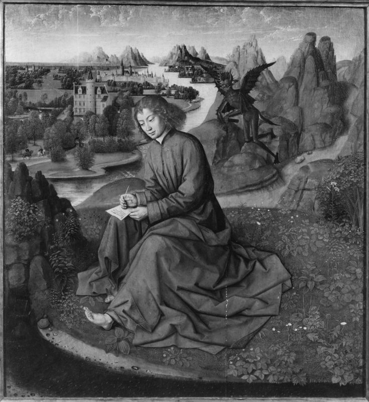 Johannes, het Evangelie schrijvend op Patmos