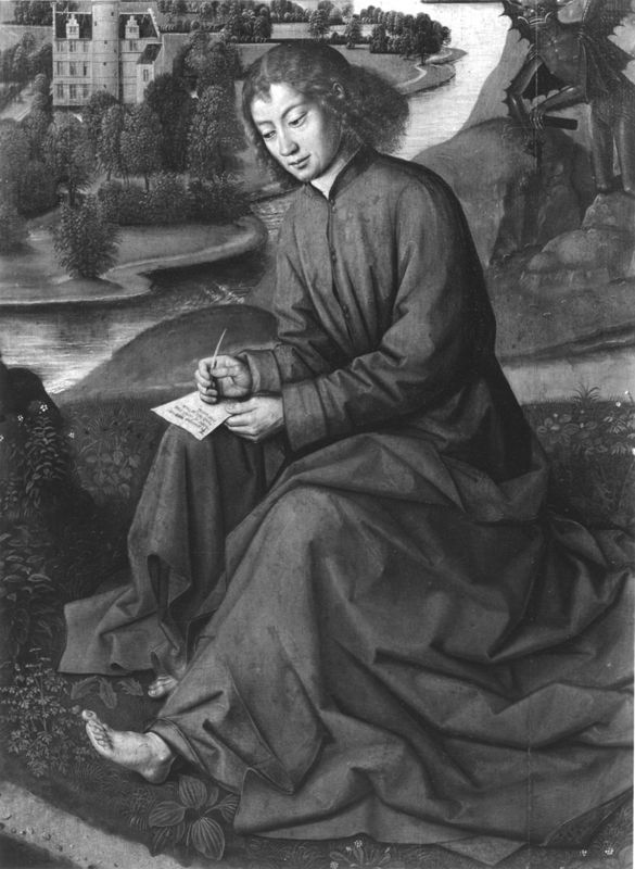 Johannes, het Evangelie schrijvend op Patmos