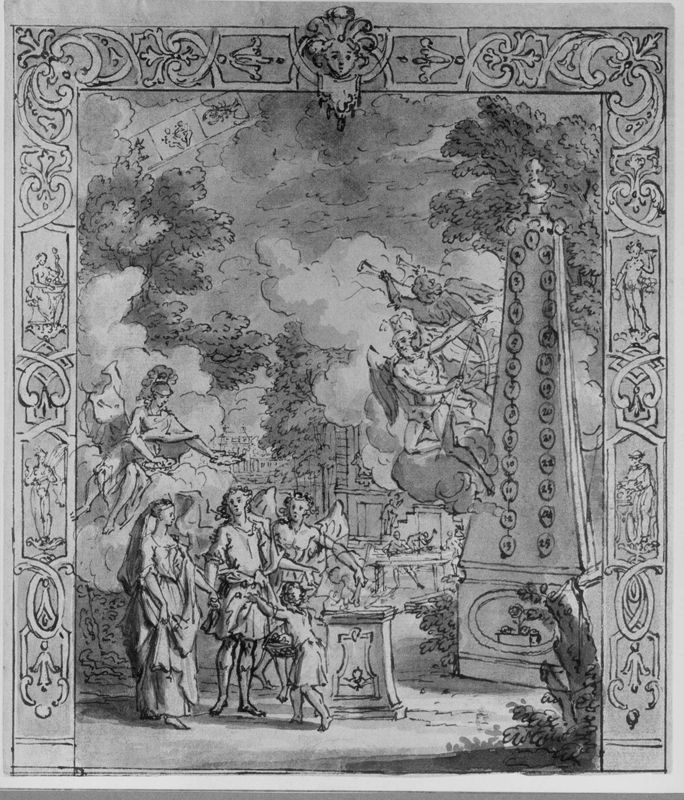 Allegorische scène in antiek decor: huwelijk voor een altaar en de Tijd in de lucht wijst op een obelisk met van 1 tot 25 genummerde medaillons (ontwerp voor een illustratie ?)